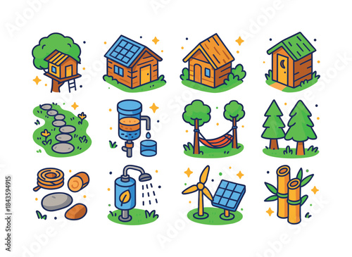 Eco Lodging Icons Set. Eco Lodging. Colorful isometric vector ic