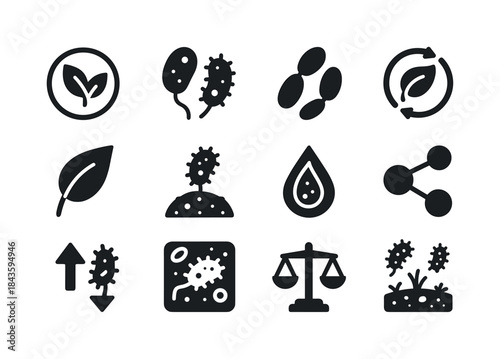 Microbial Ecology Icons. Microbial ecology. Solid icon set of mi