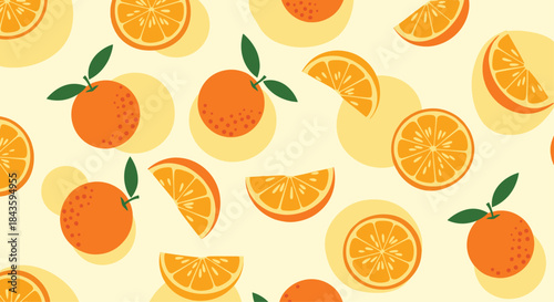 Bright citrus pattern with whole oranges and orange slices scattered across a pale yellow background creates a vibrant summery mood.