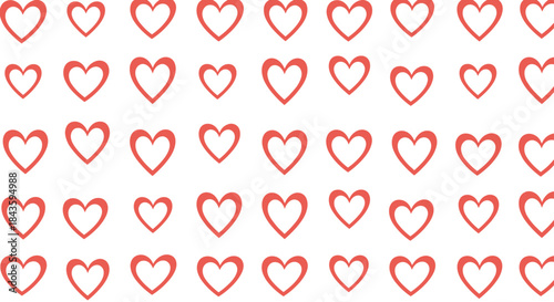 Seamless pattern of red heart outlines arranged in a tidy grid across a white background suitable for romantic themed design and decorative projects.
