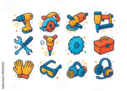 Colorful Power Tools Icons. Power tools at work. Colorful isomet