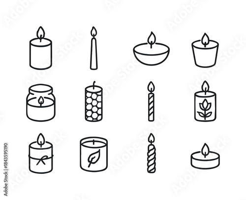 Candle Icon Set. Candle types. Line icon set of candle types: pi