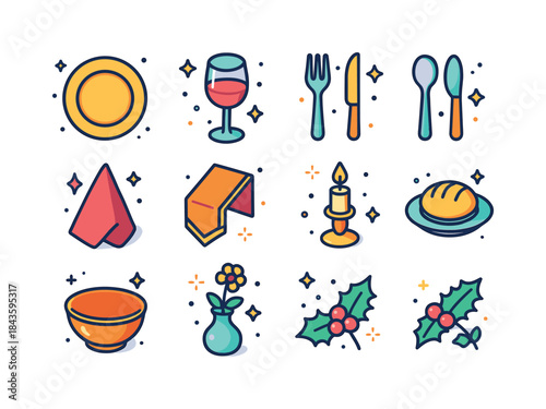 Festive Table Icons. Table Setting. Colorful isometric vector ic