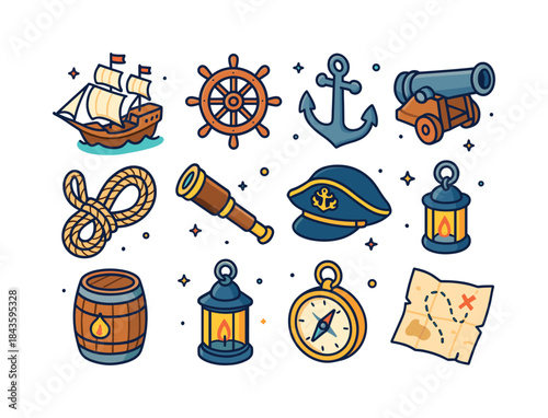 Age of Sail Icons. Age of sail warfare. Colorful isometric vecto