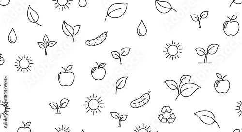 Seamless hand drawn pattern featuring apples leaves suns seedlings and recycling motifs ideal for friendly backgrounds and organic design visuals in style.