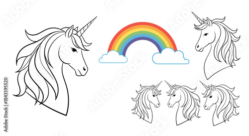 Magical unicorn illustration featuring a large left head and a graceful right head with a vivid rainbow arching over fluffy clouds and many unicorn portraits.