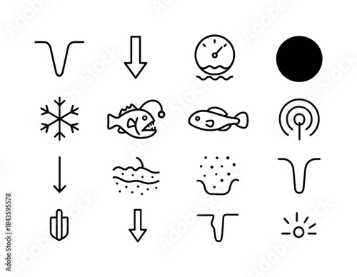 Deep Sea Icons. Aquatic creatures in extreme environments (deep