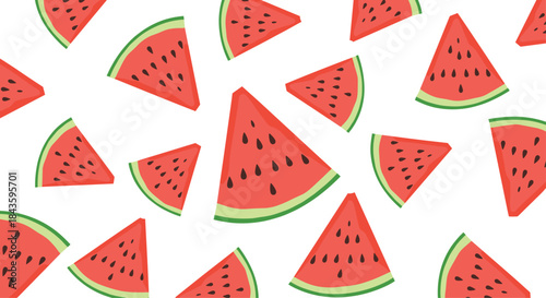Playful scatter of watermelon slices across a clean white background showing bright red flesh black seeds and vivid green rinds in a cheerful fruity pattern.