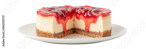 Creamy cheesecake with glossy red fruit topping, served on white plate, showcasing delicious dessert