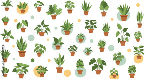 Lush potted plants create a vibrant collage of greens in a repeating pattern with pastel circles scattered across a bright background.