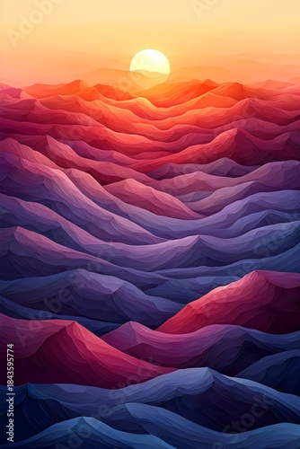 An abstract landscape featuring vibrant, wavy mountains in shades of purple and red, illuminated by a golden sunset, creating a serene and dreamlike atmosphere.