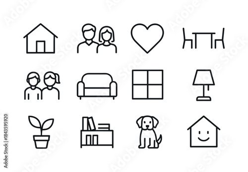 Home and Family Icons. Home and Family. Line icon set of Home an