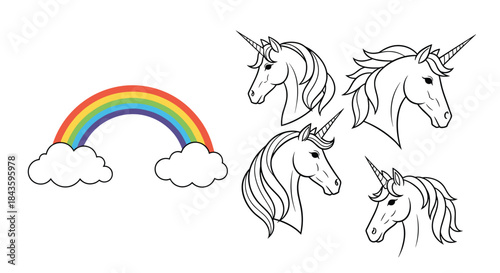 Colorful rainbow arc with clouds and four elegant unicorn heads in a playful whimsical fantasy scene suitable for coloring books and kid friendly art design.