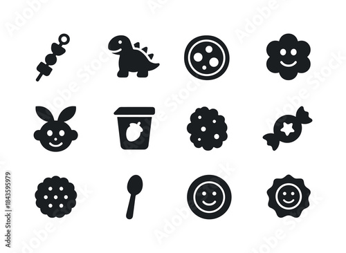 Kids Snack Icons. Kids snack creations. Solid icon set of kids s