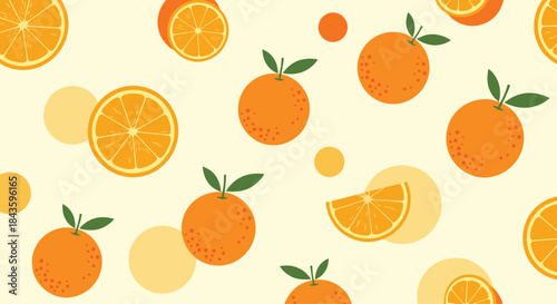 Bright citrus pattern featuring whole oranges and orange slices scattered across a pale yellow background with fresh fruit motifs and a cheerful summer vibe.
