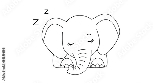 Calm sleeping baby elephant rests peacefully in a gentle cartoon scene with large ears and a curled trunk and Zs floating above to show dreamful rest.