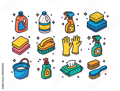 Colorful Cleaning Icons. Cleaning supplies. Colorful isometric v