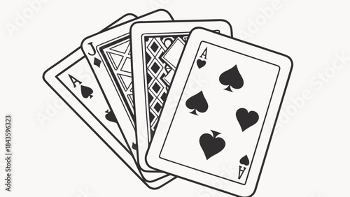 Black and white illustration of a fan of playing cards