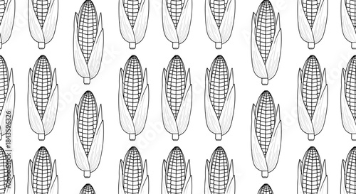 Continuous repeating pattern of corn ears drawn in black and white suitable for textile design and wallpaper applications used in agricultural themed decor.