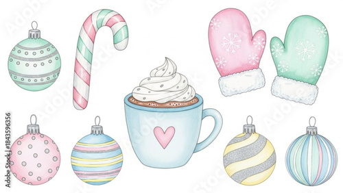 Watercolor illustration of winter holiday decorations and hot chocolate with whipped cream in a mug