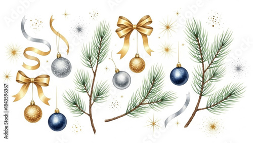 Festive christmas tree branches with ornaments and ribbons on for holiday decoration ideas