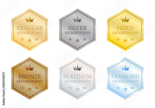 六角形の金・銀・銅・プラチナ・ダイヤモンド・レギュラーの6種類の会員ランクバッジセット