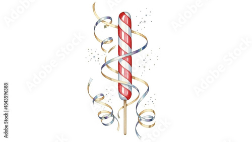 Colorful party popper with red and white striped body and blue and gold ribbons on