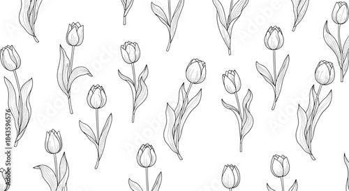 Seamless black and white tulip illustration that repeats across the page for textiles wallpapers and botanical design projects.