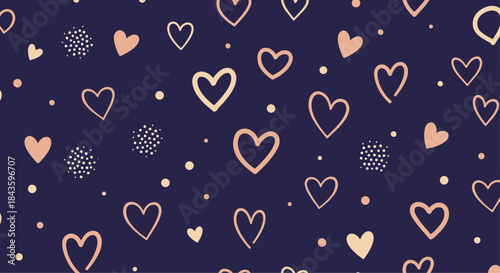 Romantic heart patterns with hand drawn outlines and scattered dots decorate a dark navy background for bold love themed design ideas.
