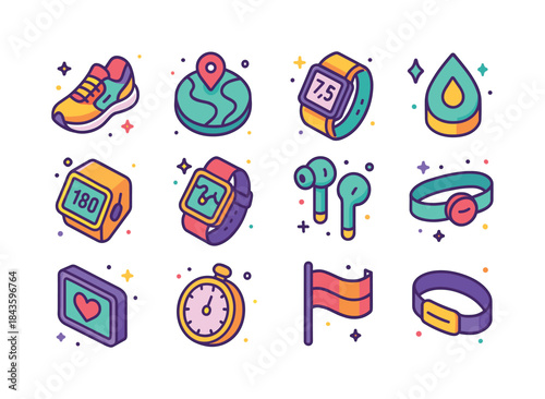 Isometric Running Tech Icons. Running tech. Colorful isometric v