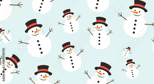 Whimsical snowman pattern features cheerful snowmen in top hats with carrot noses and button bodies scattered across a pale blue background for winter design.