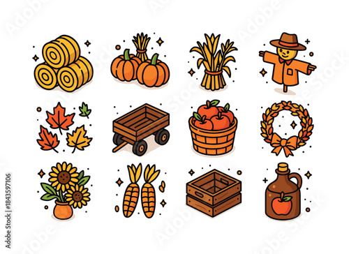 Autumn Farm Icons. Autumn Farm. Colorful isometric vector icons