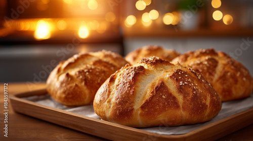 Fresh bread loaves arranged on a wooden tray, golden crusts glowing in oven heat, cozy kitchen atmosphere with ambient warm light, soft focus background