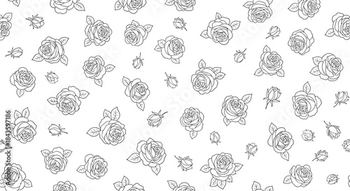 Intricate hand drawn rose outlines scattered across a light background creating a classic monochrome pattern for textiles and stationery designs.