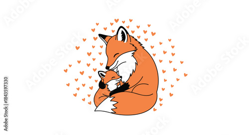 Gentle orange fox cradles a tiny companion in a warm embrace surrounded by many little hearts that express love care and comforting friendship.