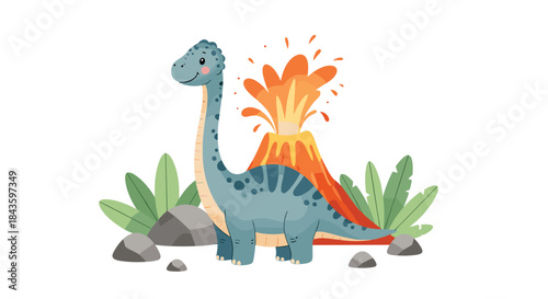 Brilliant blue friendly dinosaur stands by an erupting volcano as lush green plants and scattered rocks frame a playful prehistoric landscape.