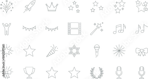 celebration icons, entertainment symbols, achievement graphics, festive line art, party elements, starburst design, trophy icon, musical notes, f