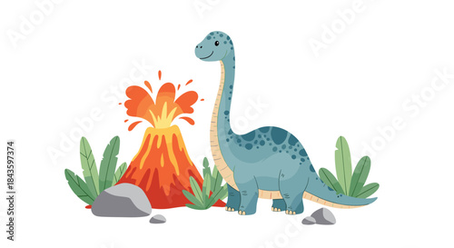 Friendly blue dinosaur stands beside an erupting volcano with lush green plants and rocks in a bright playful prehistoric landscape.