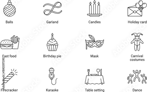celebration icons, party symbols, festive line art, holiday elements, decorative graphics, masquerade mask, birthday pi