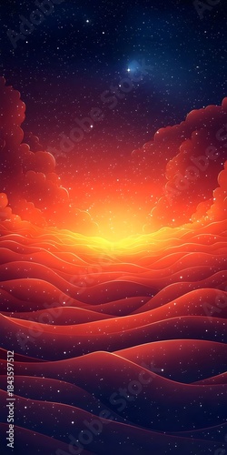 An abstract landscape features vibrant waves of deep red and orange, contrasting against a starry night sky, creating a captivating atmosphere of cosmic beauty.