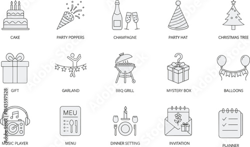 party icons, celebration symbols, festive line art, event graphics, holiday elements, cake icon, champagne glasses, party hat, christmas tree,