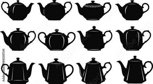 Teapot, silhouette, black, vintage, classic, ceramic, kettle, ornate, handle, spout, lid, shape, design, elegant, collection, kitchen, utensil, graphic, icon, vector illustration