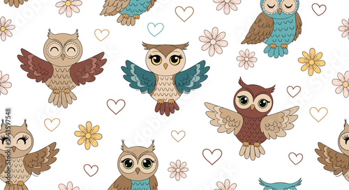 Vibrant scene shows cartoon owls perched and flying among pastel flowers and tiny hearts in a playful woodland inspired setting.