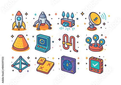 Space Landing Icons. Space landing technology. Colorful isometri
