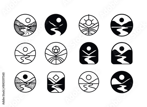 Landscape Logo Variations. Drawing and sketching landscapes or p