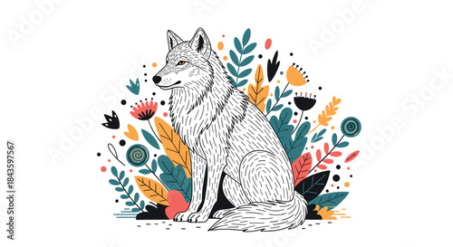 White wolf sits among vibrant autumnal foliage and stylized flowers blending soft fur texture with bold colorful leaves to create a peaceful woodland scene.