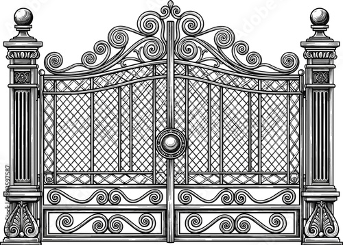 Wrought iron gate design, ornate scrollwork, decorative lattice, symmetrical architecture, vintage entrance, elegant metalwork, classic gate, ornamental iron art,