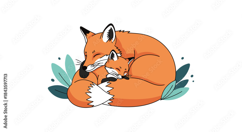 Obraz premium Mother fox curled around her cubs in a protective embrace surrounded by soft leaves sharing a warm quiet moment of tender bond and gentle family harmony.