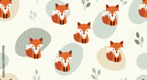 Gentle woodland foxes sit in a seamless pastel pattern among soft oval shapes and pale leaves creating a calm decorative scene.