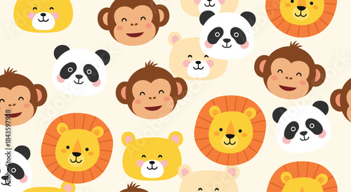 Playful parade of friendly lions pandas monkeys and bears in a bright cartoon pattern perfect for children's rooms and educational design.